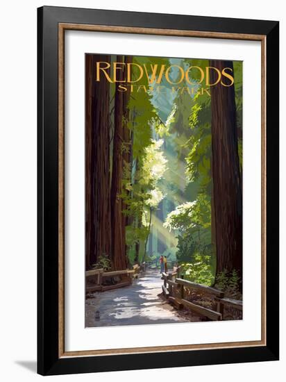 Redwoods State Park - Pathway in Trees-Lantern Press-Framed Art Print