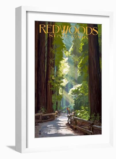 Redwoods State Park - Pathway in Trees-Lantern Press-Framed Art Print