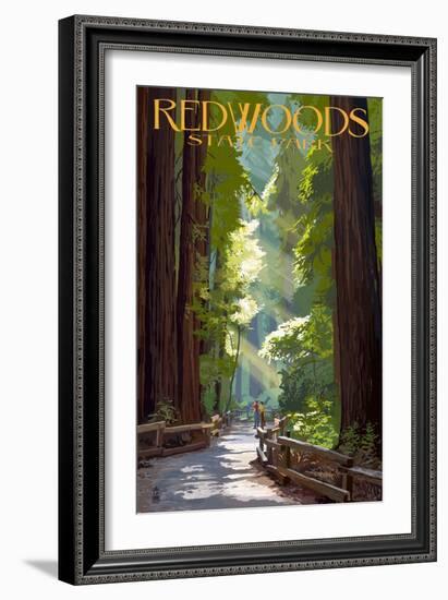 Redwoods State Park - Pathway in Trees-Lantern Press-Framed Art Print