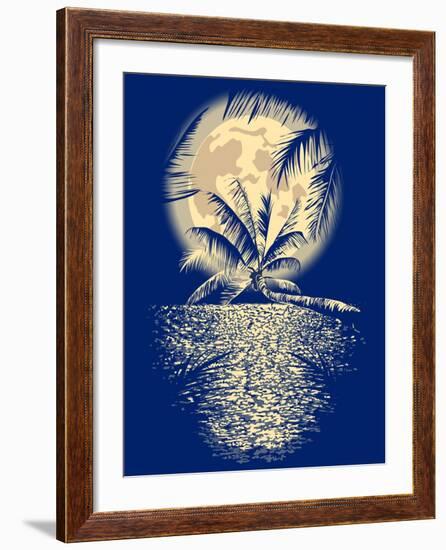 Reflected in the Ocean Full Moon on Vagator, Goa, India on a Dark Blue Background with Silhouettes-yulianas-Framed Art Print