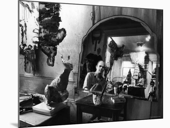 Reflected Portrait of Artist Claes Oldenburg, Sitting in Dirty, Studio Apartment-Yale Joel-Mounted Premium Photographic Print