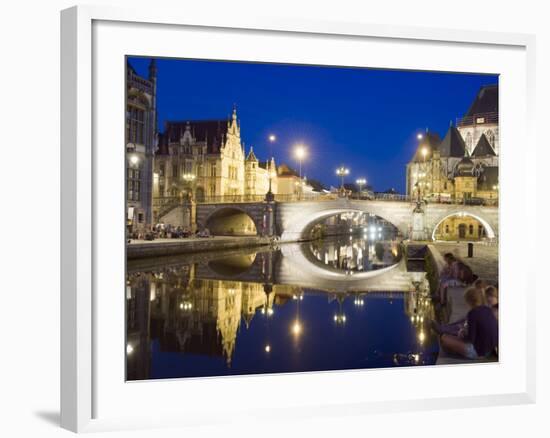 Reflection of Arched Bridge and Waterfront Town Houses, Ghent, Flanders, Belgium, Europe-Christian Kober-Framed Photographic Print