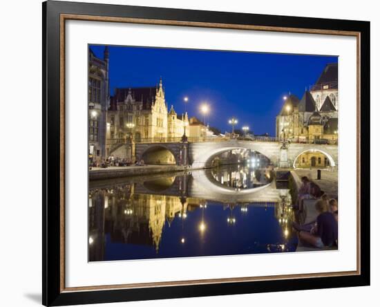 Reflection of Arched Bridge and Waterfront Town Houses, Ghent, Flanders, Belgium, Europe-Christian Kober-Framed Photographic Print