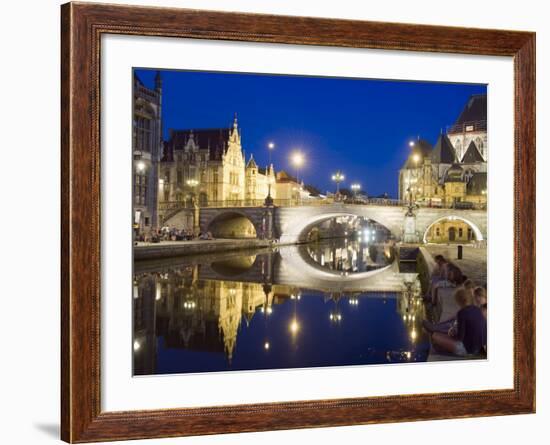 Reflection of Arched Bridge and Waterfront Town Houses, Ghent, Flanders, Belgium, Europe-Christian Kober-Framed Photographic Print