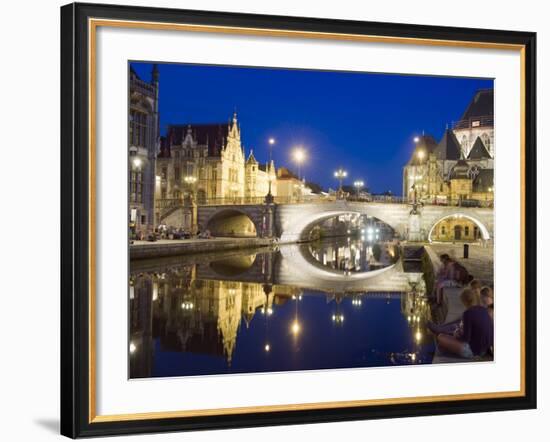 Reflection of Arched Bridge and Waterfront Town Houses, Ghent, Flanders, Belgium, Europe-Christian Kober-Framed Photographic Print