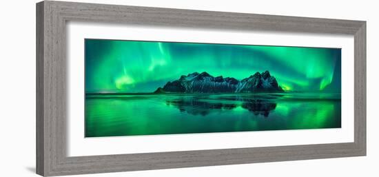 Reflection of Aurora Borealis in the sea with Vestrahorn mountains in center, Stokksnes Beach, S...-null-Framed Photographic Print