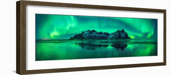 Reflection of Aurora Borealis in the sea with Vestrahorn mountains in center, Stokksnes Beach, S...-null-Framed Photographic Print