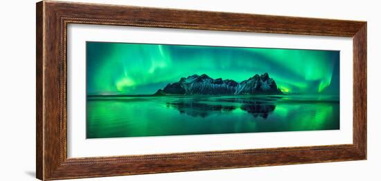 Reflection of Aurora Borealis in the sea with Vestrahorn mountains in center, Stokksnes Beach, S...-null-Framed Photographic Print