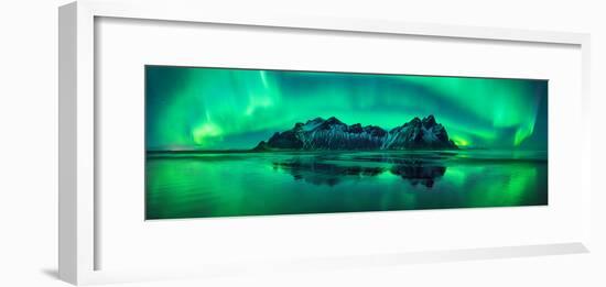 Reflection of Aurora Borealis in the sea with Vestrahorn mountains in center, Stokksnes Beach, S...-null-Framed Photographic Print