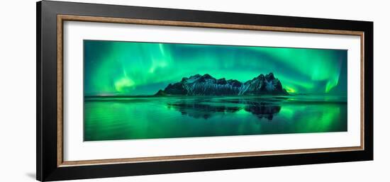 Reflection of Aurora Borealis in the sea with Vestrahorn mountains in center, Stokksnes Beach, S...-null-Framed Photographic Print