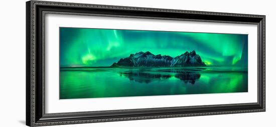 Reflection of Aurora Borealis in the sea with Vestrahorn mountains in center, Stokksnes Beach, S...-null-Framed Photographic Print