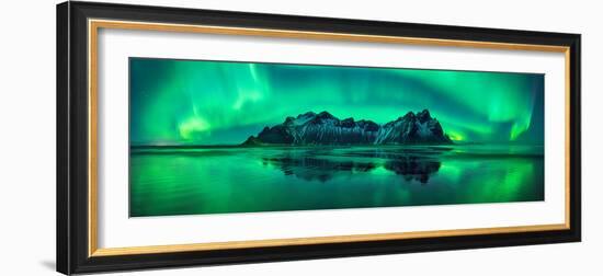 Reflection of Aurora Borealis in the sea with Vestrahorn mountains in center, Stokksnes Beach, S...-null-Framed Photographic Print