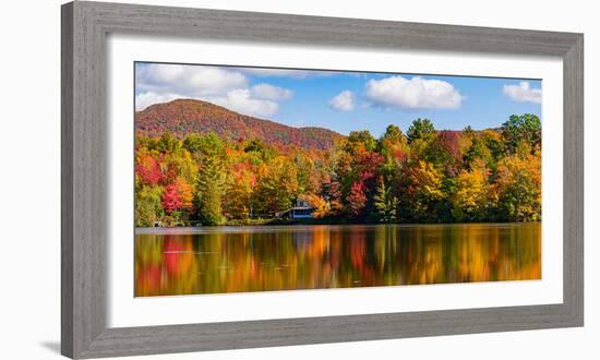 Reflection of autumn trees in a pond, Sally's Pond, West Bolton, Quebec, Canada-null-Framed Photographic Print