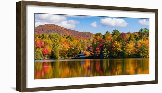 Reflection of autumn trees in a pond, Sally's Pond, West Bolton, Quebec, Canada-null-Framed Photographic Print