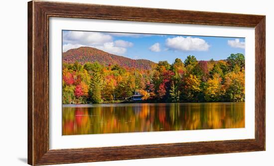 Reflection of autumn trees in a pond, Sally's Pond, West Bolton, Quebec, Canada-null-Framed Photographic Print