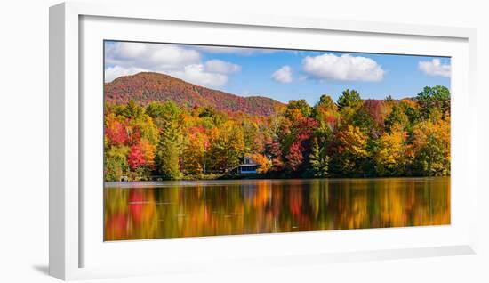 Reflection of autumn trees in a pond, Sally's Pond, West Bolton, Quebec, Canada-null-Framed Photographic Print