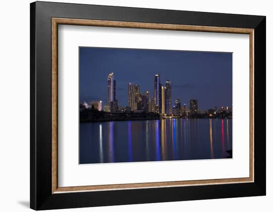 Reflection of illuminated skylines on water, Coral Sea, Surfer's Paradise, Gold Coast, Queenslan...-Panoramic Images-Framed Photographic Print