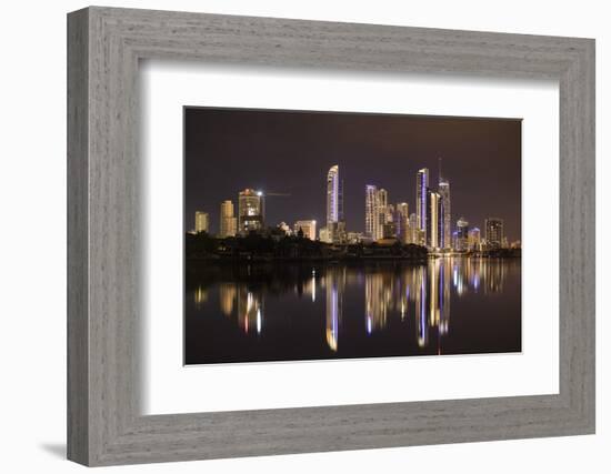 Reflection of illuminated skylines on water, Coral Sea, Surfer's Paradise, Gold Coast, Queenslan...-Panoramic Images-Framed Photographic Print