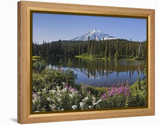 Reflection of Mountain and Trees in Lake, Mt Rainier National Park, Washington State, USA-null-Framed Premier Image Canvas