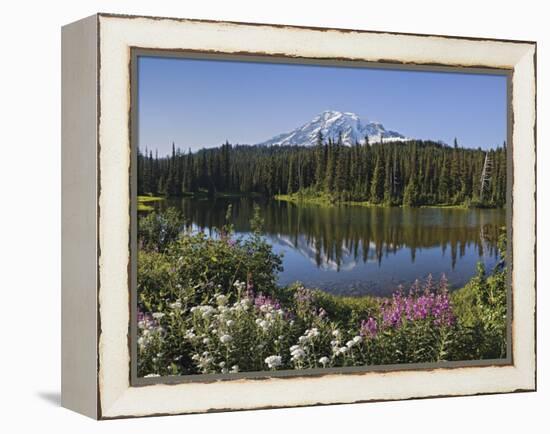 Reflection of Mountain and Trees in Lake, Mt Rainier National Park, Washington State, USA-null-Framed Premier Image Canvas