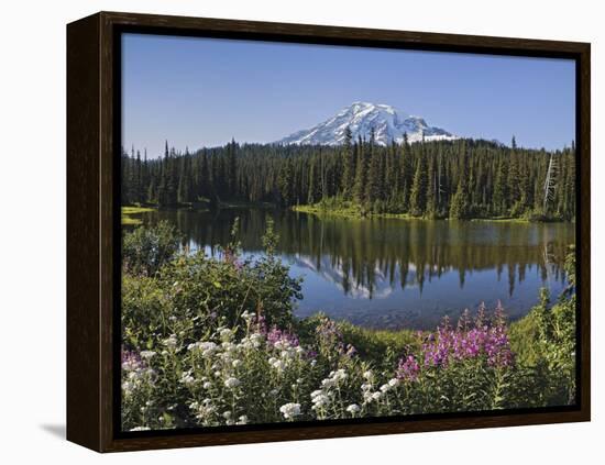 Reflection of Mountain and Trees in Lake, Mt Rainier National Park, Washington State, USA-null-Framed Premier Image Canvas