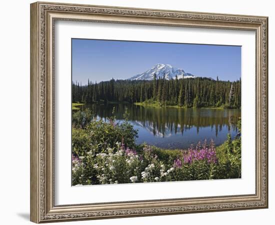 Reflection of Mountain and Trees in Lake, Mt Rainier National Park, Washington State, USA-null-Framed Photographic Print