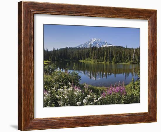 Reflection of Mountain and Trees in Lake, Mt Rainier National Park, Washington State, USA-null-Framed Photographic Print