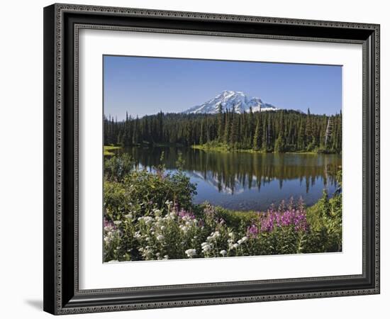 Reflection of Mountain and Trees in Lake, Mt Rainier National Park, Washington State, USA-null-Framed Photographic Print