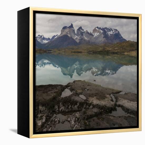 Reflection of Mountain Peak in a Lake, Torres Del Paine, Lake Pehoe-null-Framed Stretched Canvas