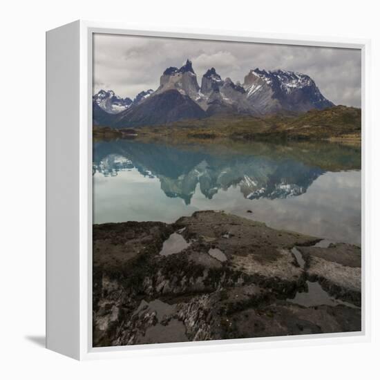 Reflection of Mountain Peak in a Lake, Torres Del Paine, Lake Pehoe-null-Framed Stretched Canvas