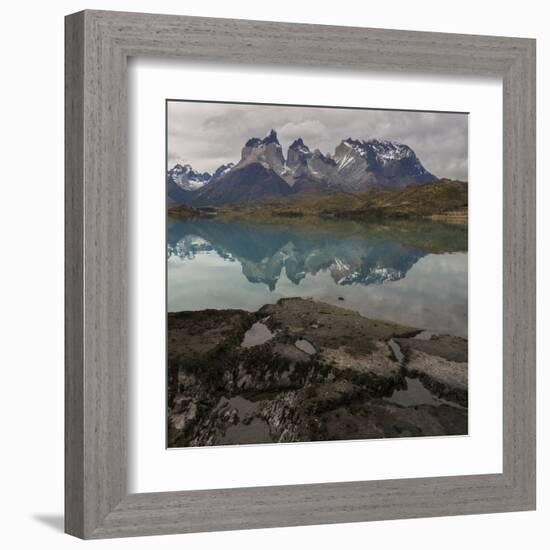 Reflection of Mountain Peak in a Lake, Torres Del Paine, Lake Pehoe-null-Framed Art Print