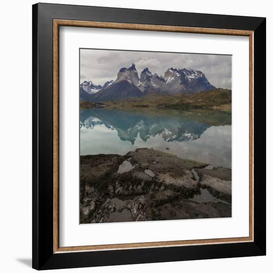 Reflection of Mountain Peak in a Lake, Torres Del Paine, Lake Pehoe-null-Framed Art Print