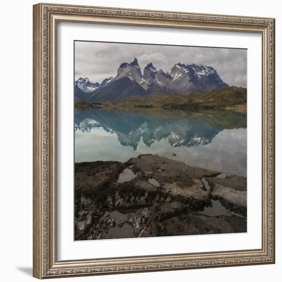 Reflection of Mountain Peak in a Lake, Torres Del Paine, Lake Pehoe-null-Framed Premium Giclee Print