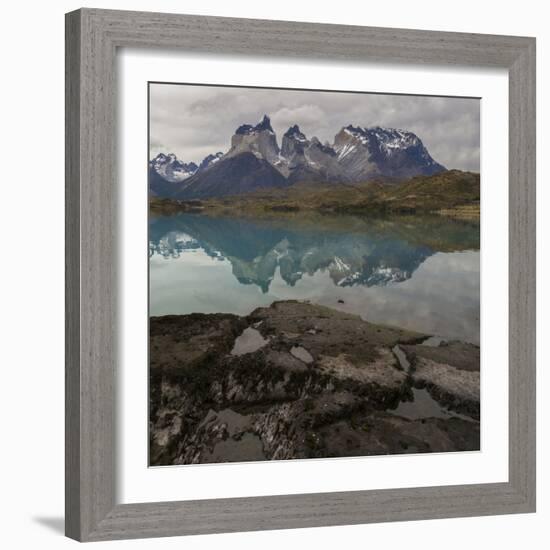 Reflection of Mountain Peak in a Lake, Torres Del Paine, Lake Pehoe-null-Framed Premium Giclee Print