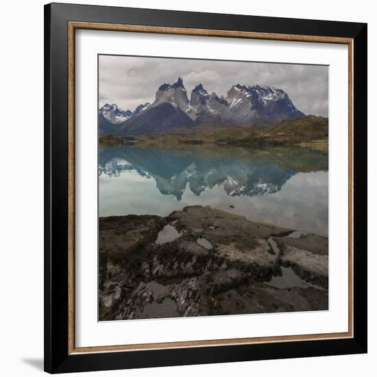 Reflection of Mountain Peak in a Lake, Torres Del Paine, Lake Pehoe-null-Framed Premium Giclee Print