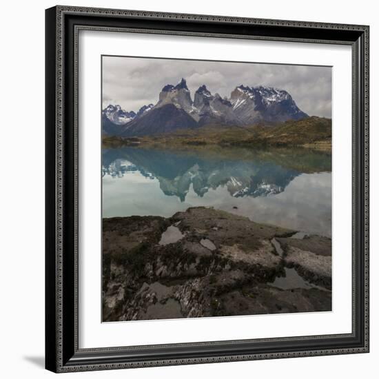 Reflection of Mountain Peak in a Lake, Torres Del Paine, Lake Pehoe-null-Framed Premium Giclee Print