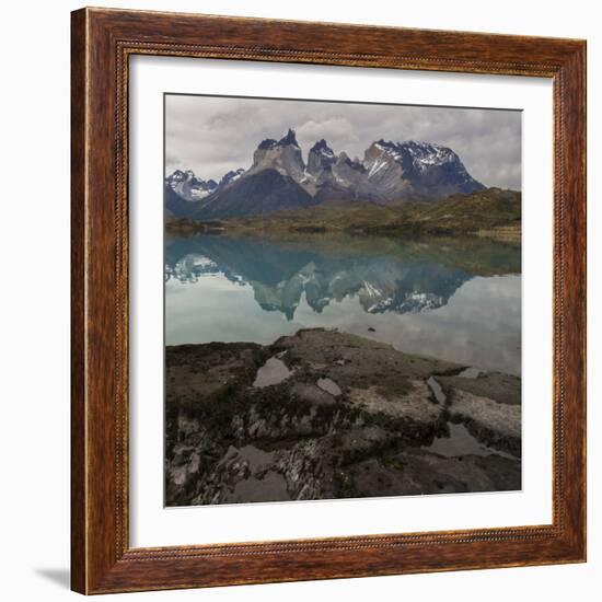 Reflection of Mountain Peak in a Lake, Torres Del Paine, Lake Pehoe-null-Framed Art Print