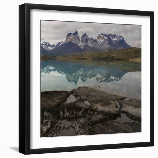 Reflection of Mountain Peak in a Lake, Torres Del Paine, Lake Pehoe-null-Framed Art Print