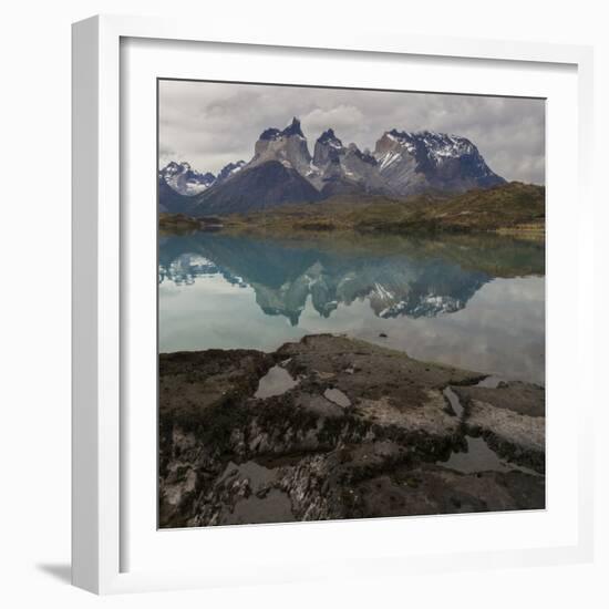 Reflection of Mountain Peak in a Lake, Torres Del Paine, Lake Pehoe-null-Framed Art Print