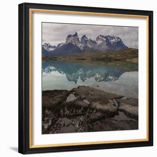 Reflection of Mountain Peak in a Lake, Torres Del Paine, Lake Pehoe-null-Framed Art Print