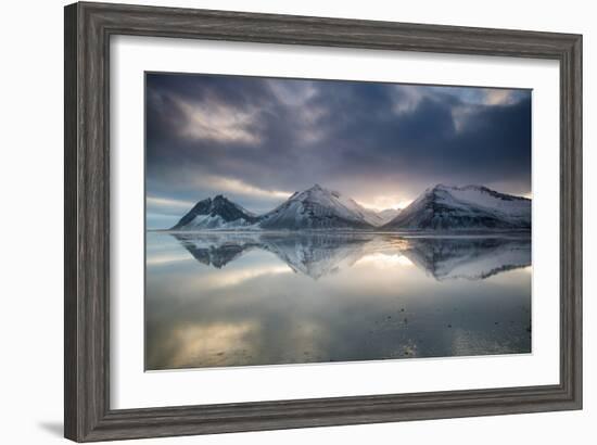 Reflection of mountains on ocean at sunset in Vatnajokull National Park in eastern Iceland-Alex Saberi-Framed Photographic Print