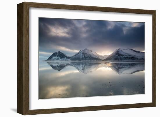 Reflection of mountains on ocean at sunset in Vatnajokull National Park in eastern Iceland-Alex Saberi-Framed Photographic Print