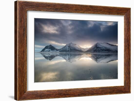 Reflection of mountains on ocean at sunset in Vatnajokull National Park in eastern Iceland-Alex Saberi-Framed Photographic Print