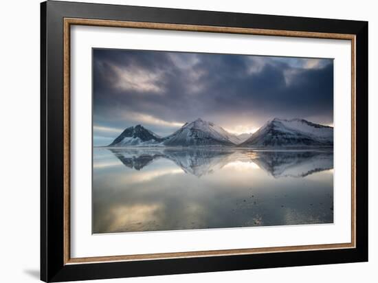 Reflection of mountains on ocean at sunset in Vatnajokull National Park in eastern Iceland-Alex Saberi-Framed Photographic Print