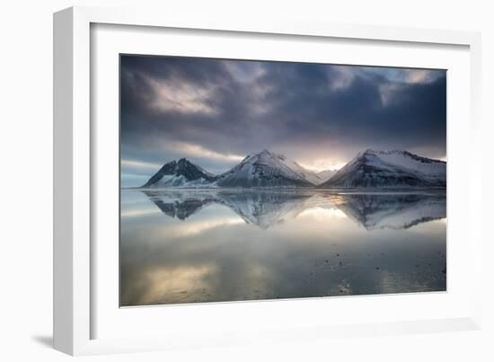 Reflection of mountains on ocean at sunset in Vatnajokull National Park in eastern Iceland-Alex Saberi-Framed Photographic Print