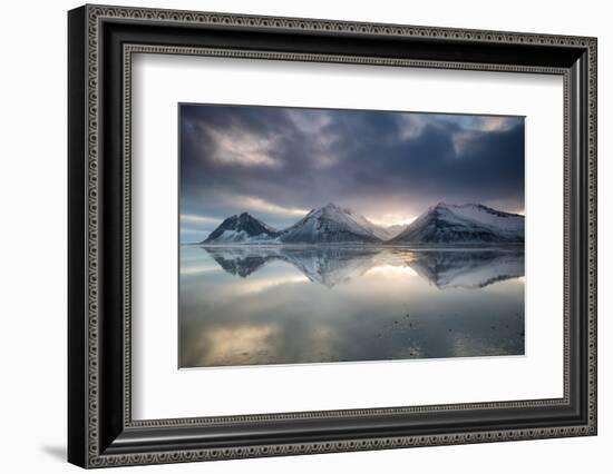 Reflection of mountains on ocean at sunset in Vatnajokull National Park in eastern Iceland-Alex Saberi-Framed Photographic Print