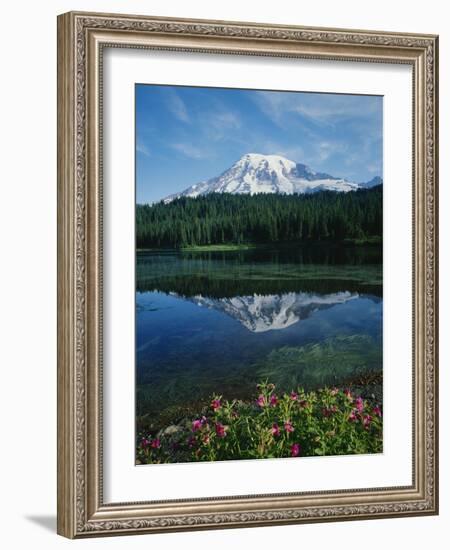 Reflection of Snowcovered Mount Rainier on Reflection Lake-James Randklev-Framed Photographic Print