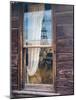 Reflection of the windmill and tractor in the window of an old building in ghost town.-Julie Eggers-Mounted Photographic Print
