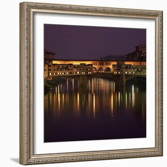 Reflections in the River Arno of Lights on the Ponte Vecchio, Florence, Tuscany, Italy-Roy Rainford-Framed Photographic Print