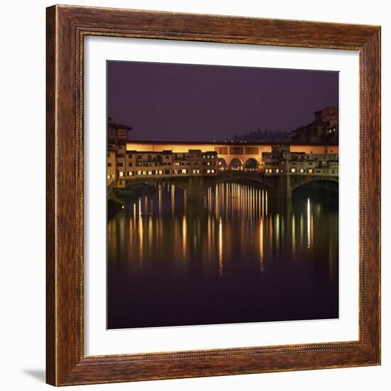 Reflections in the River Arno of Lights on the Ponte Vecchio, Florence, Tuscany, Italy-Roy Rainford-Framed Photographic Print